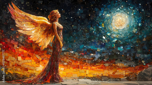 An angel in the night sky in a brightly colored mosaic