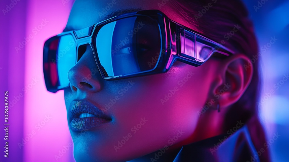 Portrait of woman with futuristic visor glasses in neon lighting