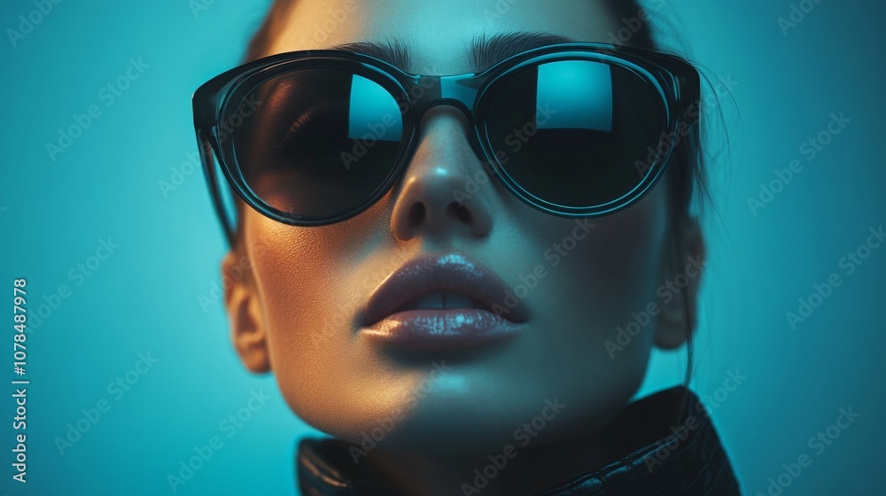 Portrait of woman in sunglasses with cool neon lighting Portrait of woman in sunglasses with cool neon lighting
