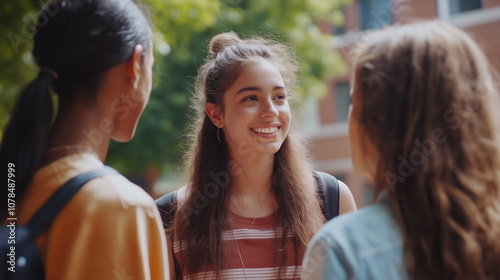 Group of young women talking after class on a university campus, highlighting academic life and social connection 