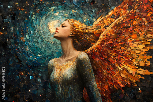 An angel in the night sky in a brightly colored mosaic