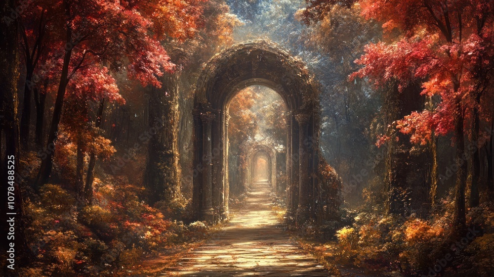 A stone archway leads through a misty forest with vibrant autumn foliage. A stone archway leads through a misty forest with vibrant autumn foliage.