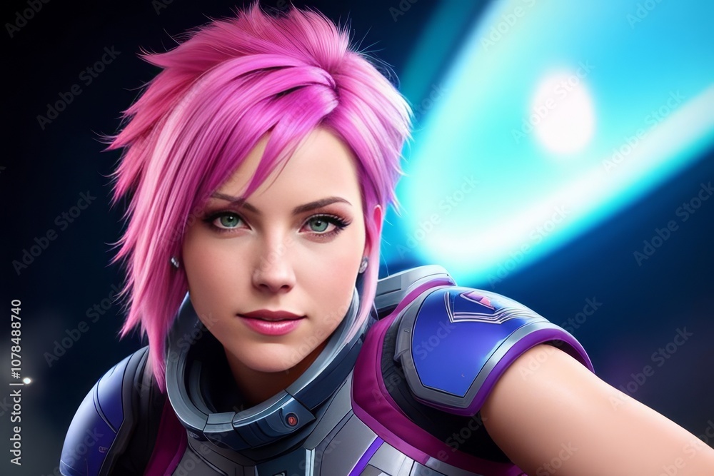 Naklejka premium Futuristic fashion, cyberpunk portrait woman with chrome clothing. Vaporwave, a young female pink hair
