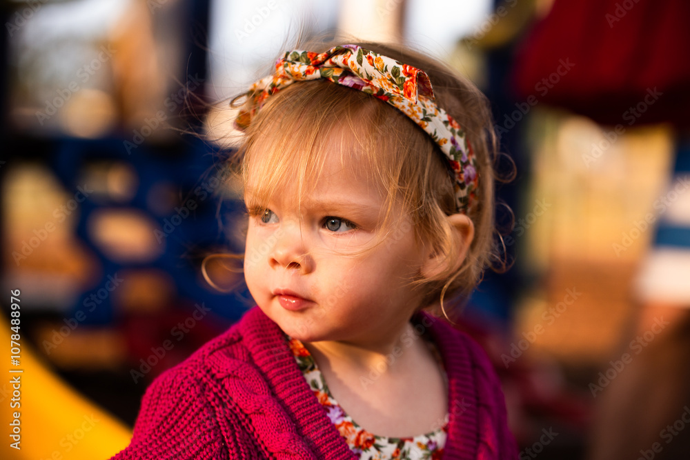 close up of a toddler girl in a cardigan looking over her shoulder with afternoon light on her face close up of a toddler girl in a cardigan looking over her shoulder with afternoon light on her face