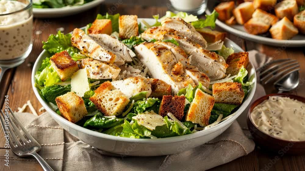 Fresh and Healthy Grilled Chicken Salad with Crisp Greens, Croutons, and Creamy Dressing Perfect for a Nutritious Lunch or Dinner Option Fresh and Healthy Grilled Chicken Salad with Crisp Greens, Croutons, and Creamy Dressing Perfect for a Nutritious Lunch or Dinner Option