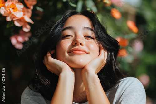 Asian woman with glowing, dewy skin with subtle hints of natural makeup exuding confidence and grace.