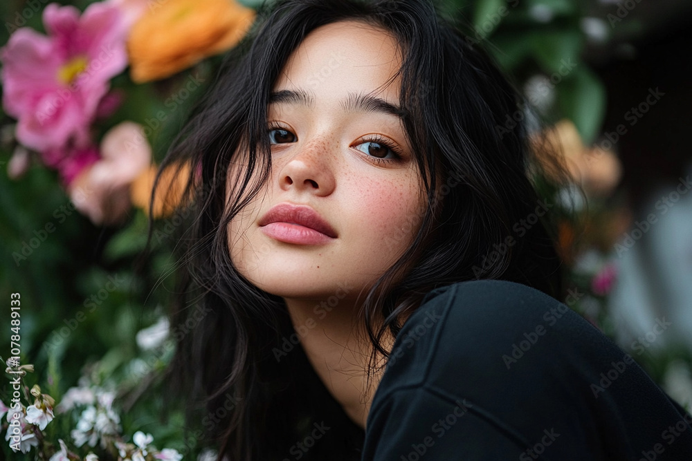 Asian woman with glowing, dewy skin with subtle hints of natural makeup exuding confidence and grace. Asian woman with glowing, dewy skin with subtle hints of natural makeup exuding confidence and grace.