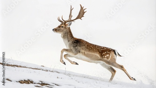 Cute Jumping Fallow Deer with Antlers in Minimalist Style for Happy New Year and Merry Christmas Celebrations, Symbolizing Nature, Wildlife, and Holiday Cheer