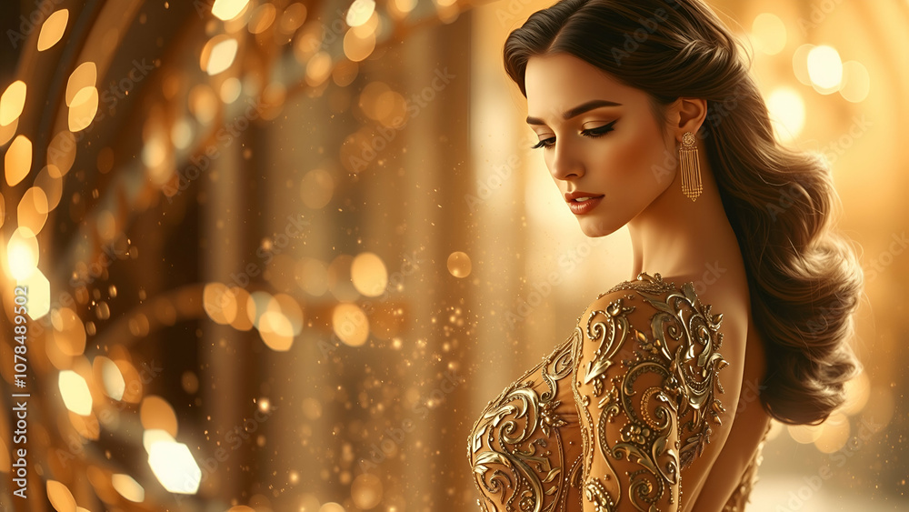 a stunningly beautiful woman in a gorgeous gold dress. gorgeous portrait woman in a luxurious golden dress a stunningly beautiful woman in a gorgeous gold dress. gorgeous portrait woman in a luxurious golden dress
