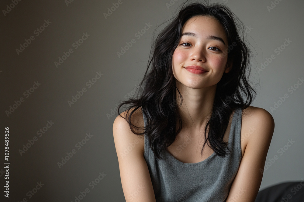Portrait of Asian woman with radiant, glowing skin peaceful expression. focusing on her natural beauty and luminous skin. Portrait of Asian woman with radiant, glowing skin peaceful expression. focusing on her natural beauty and luminous skin.
