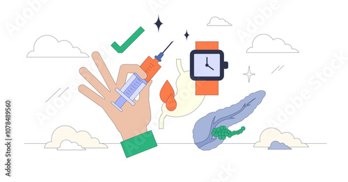 GLP-1 drugs concept with syringe, watch, and broccoli symbolizing time, health, and nutrition, transparent background.