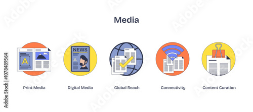 Media icons depict print, digital, global reach, connectivity, and content curation, transparent background.