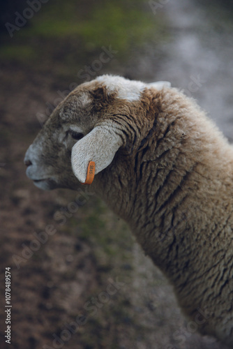 Side profile of a sheep with ear tag photo