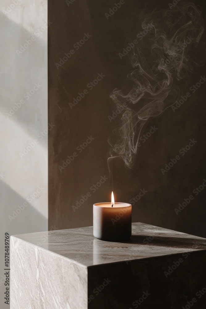 A single, elegant candle atop a minimalist table in a modern, empty room, with subtle smoke 