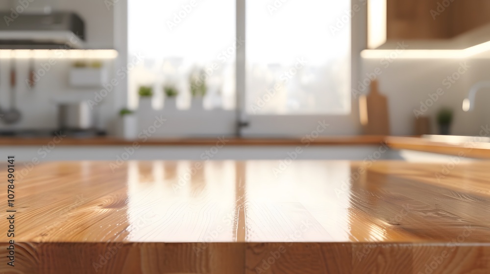 Render a picture of a vacant shiny wooden countertop set against softfocus modern kitchen appliances AI generated illustration Render a picture of a vacant shiny wooden countertop set against softfocus modern kitchen appliances AI generated illustration