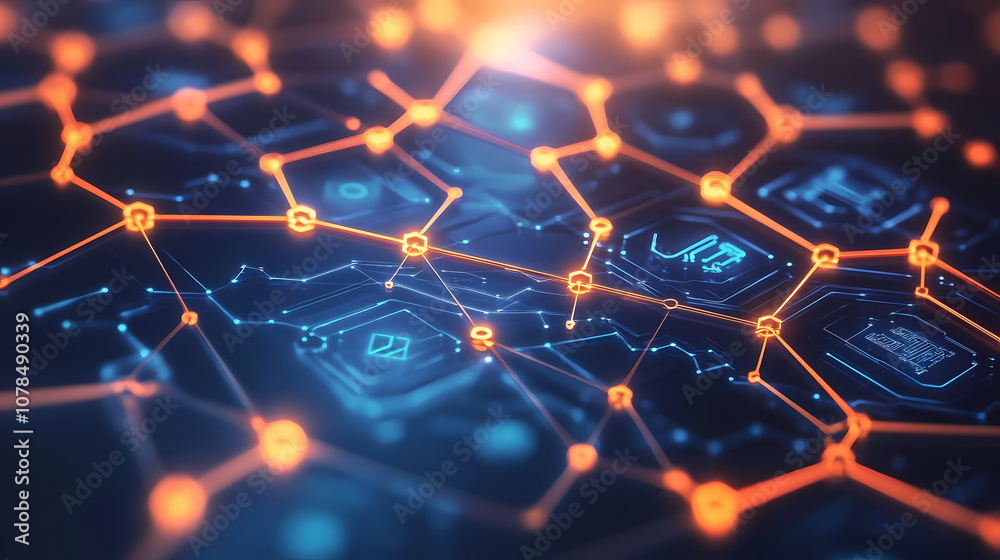 Futuristic hexagonal pattern filled with thin lines interconnecting glowing hexagons. In this background, hexagons represent digital interfaces or tech systems. Futuristic hexagonal pattern filled with thin lines interconnecting glowing hexagons. In this background, hexagons represent digital interfaces or tech systems.