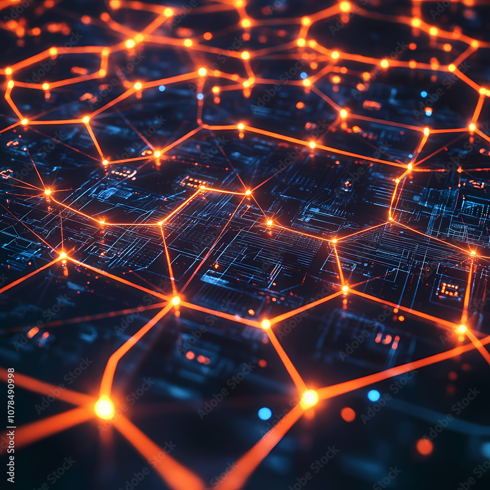 Fototapeta premium Futuristic hexagonal pattern filled with thin lines interconnecting glowing hexagons. In this background, hexagons represent digital interfaces or tech systems.