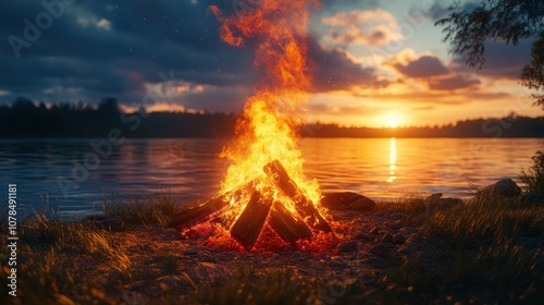 A roaring campfire on the lakeshore with a sunset in the background.