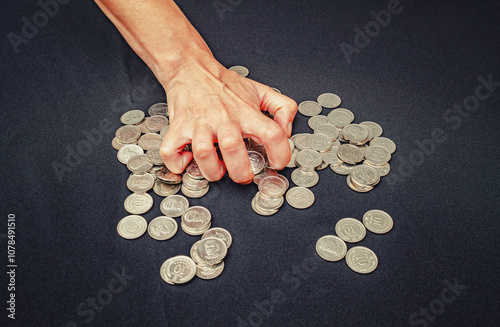 Greedy hand scoops up pile of silver coins. Close up concept of theft, fraud. Black background. photo