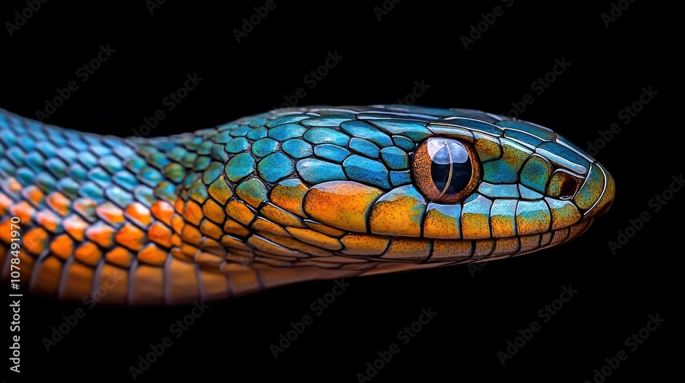 A close-up of a vividly colored snake showcasing intricate scales and vibrant hues. A close-up of a vividly colored snake showcasing intricate scales and vibrant hues.