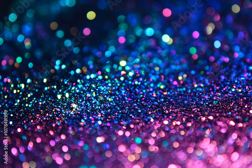 Colorful glitter bokeh effect on a dark background with blue purple and pink tones creating a sparkling and festive atmosphere 