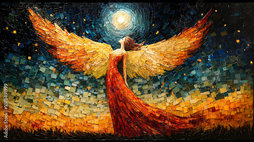 An angel in the night sky in a brightly colored mosaic