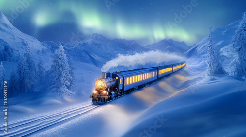 Festive holiday train surrounded by snowy landscapes and Christmas decorations, creating a magical scene photo