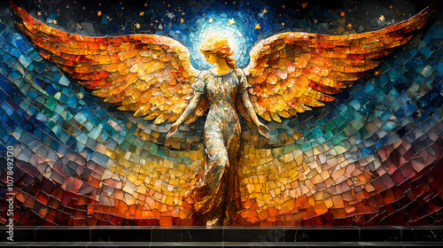 An angel in the night sky in a brightly colored mosaic