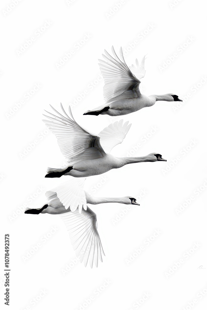 Obraz premium Rear view of 3 swans in flight. Minimalist composition with copyspace.