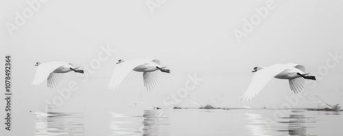 Rear view of 3 swans in flight. Minimalist composition with copyspace. photo