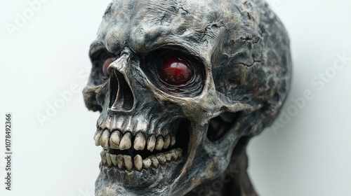 Detailed skull sculpture with glowing red eyes for artistic display.