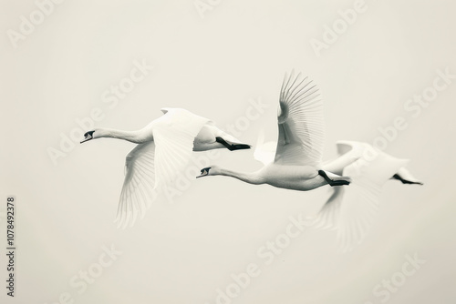 Rear view of 3 swans in flight. Minimalist composition with copyspace. photo