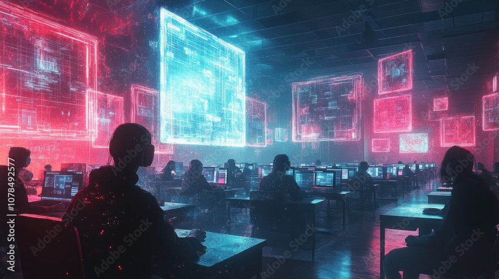 A futuristic classroom with students using glowing screens and technology in an immersive learning environment. A futuristic classroom with students using glowing screens and technology in an immersive learning environment.