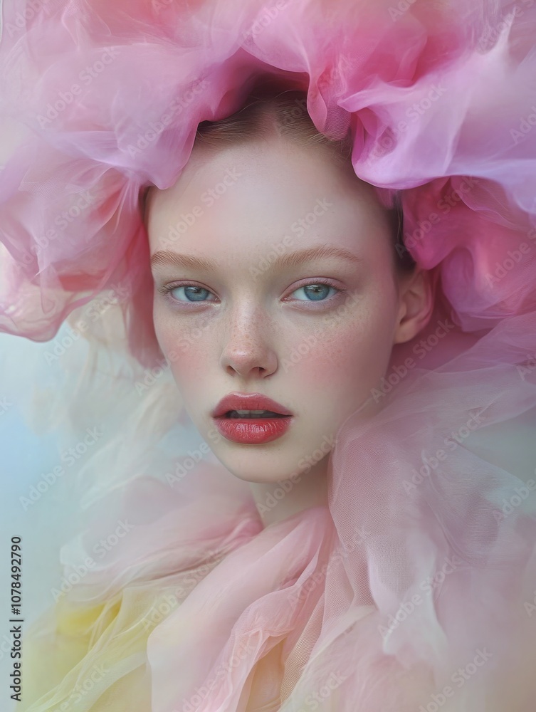 This image portrays a model surrounded by soft, flowing pastel fabrics, creating a dreamy and tranquil setting that embodies elegance and serenity beautifully. This image portrays a model surrounded by soft, flowing pastel fabrics, creating a dreamy and tranquil setting that embodies elegance and serenity beautifully.