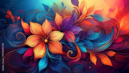 Desain floral dengan latar belakang berwarna-warni