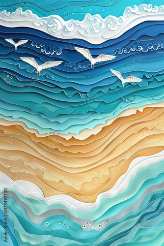 Birds Eye View of Beach: 3D Paper Cutout of Sandy Coast and Blue Sea Waves for Summer Card Illustration