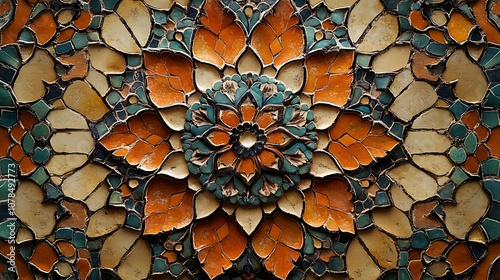 A vibrant, intricate pattern composed of many overlapping, decorative tiles. Each tile features a complex, symmetrical floral or mandala-style design in warm, earthy tones of orange, brown, and beige. photo