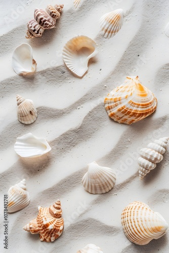 Scattered seashells in a flat lay atop smooth sand displayed in a minimalistic AI generated illustration