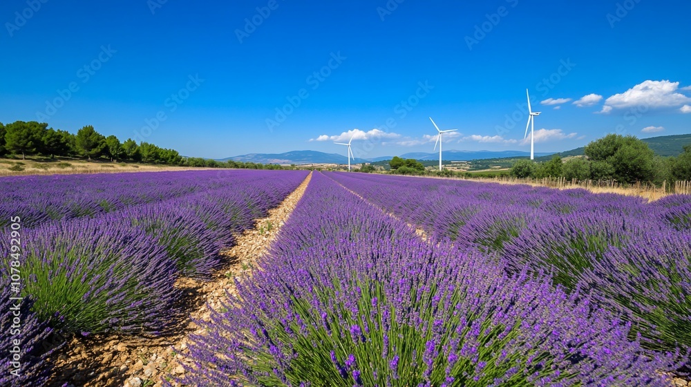 Naklejka premium A vast field of purple lavender flowers blooms under a clear blue sky with wind turbines in the distance.