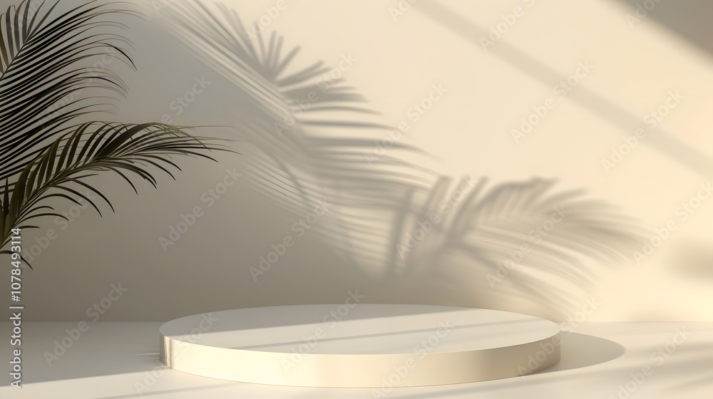 Semiabstract background in minimalist with an unoccupied podium and a palm leaf shadow for a refined cosmetic presentation AI generated illustration