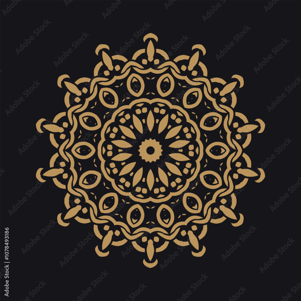 Naklejka premium Floral theme gold mandala design on black background