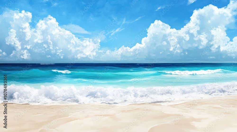 A panoramic view of a tropical beach with white sand, turquoise water, and blue sky with white clouds. A panoramic view of a tropical beach with white sand, turquoise water, and blue sky with white clouds.
