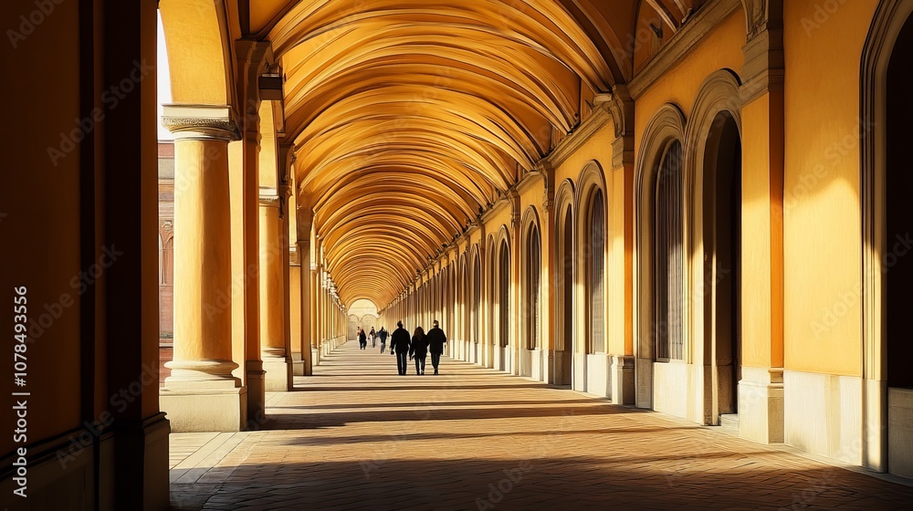 Obraz premium A long hallway with people walking down it