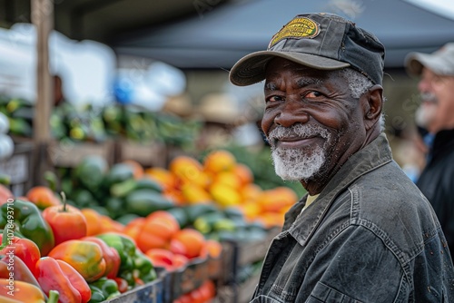 An elderly vendor stands proudly at his vegetable stall, surrounded by colorful peppers and fruits, as lively market activity unfolds around him on a sunny day photo