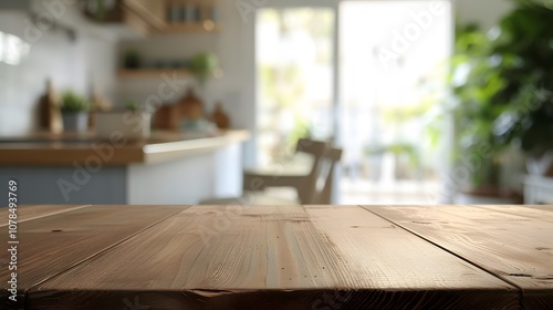 Show an empty polished wooden tabletop against a blurred sleek kitchen background for a modern look AI generated illustration