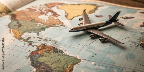 Double Exposure of a Model Airplane Flying Over a Vintage World Map, Capturing the Spirit of Travel and Adventure in a Beautiful Blend of Nature and Geography