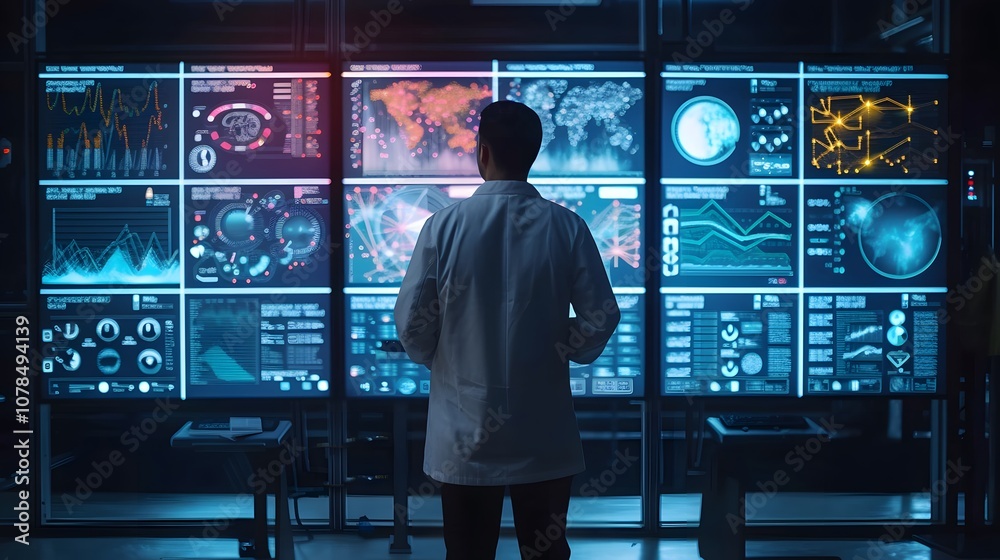Showcase a scientist standing before screens filled with vibrant data visualizations signifying the vast field of big data and technology AI generated illustration Showcase a scientist standing before screens filled with vibrant data visualizations signifying the vast field of big data and technology AI generated illustration