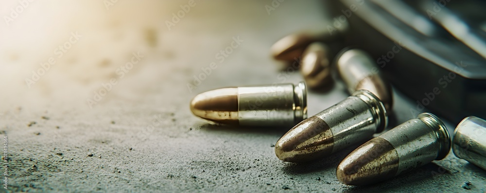 Close-Up of Short Bullets on Concrete - Gritty Reflection and Shadows Creating a Dramatic Atmosphere Close-Up of Short Bullets on Concrete - Gritty Reflection and Shadows Creating a Dramatic Atmosphere