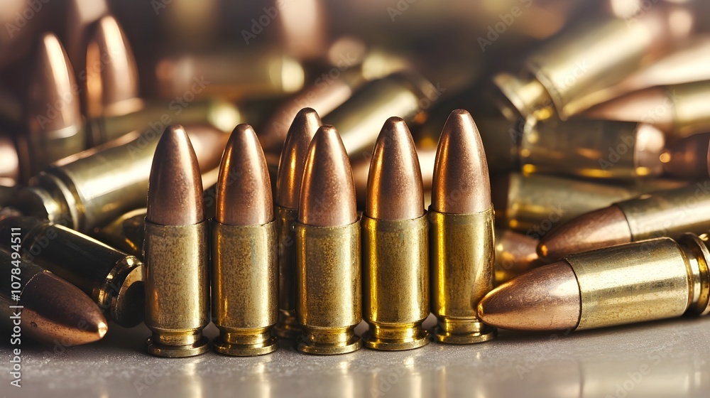 Metallic Machine Bullets Resting on Table Edge - Captivating Reflection and Balance in a Dynamic Close-Up Shot for Military and Tactical Themes Metallic Machine Bullets Resting on Table Edge - Captivating Reflection and Balance in a Dynamic Close-Up Shot for Military and Tactical Themes
