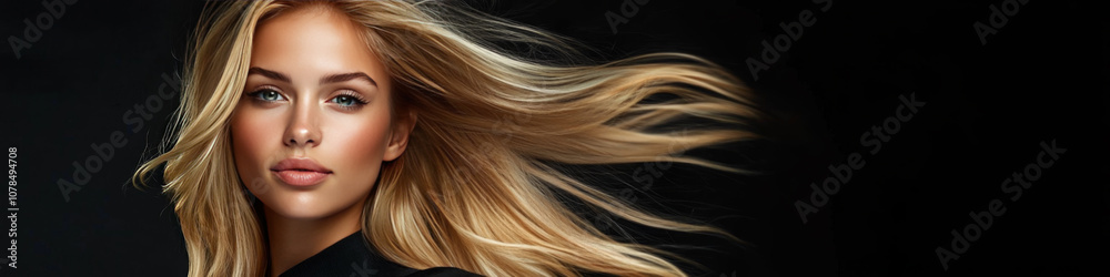 Obraz premium Elegant woman with long blonde hair in motion, side profile.